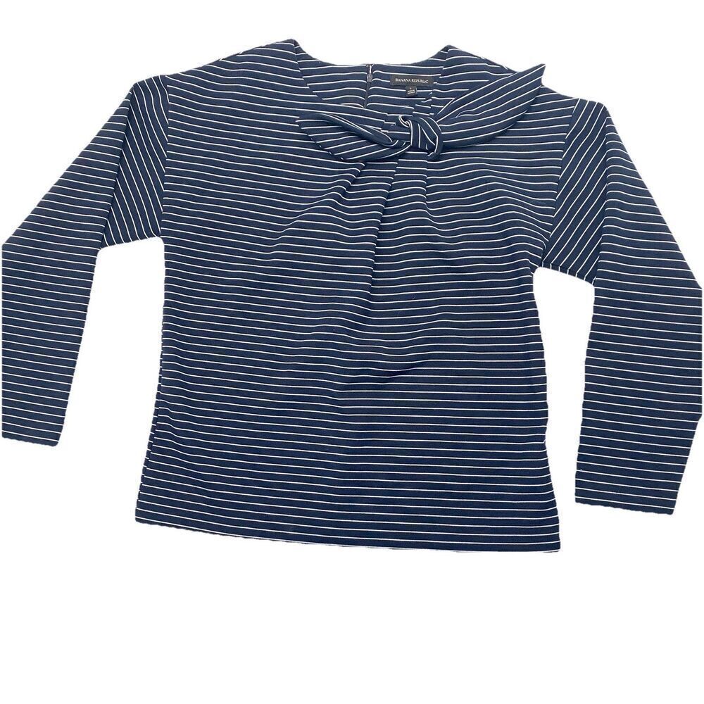 Banana Republic Bow Neck Top Navy Blue White Striped Zipper Back Women's Large